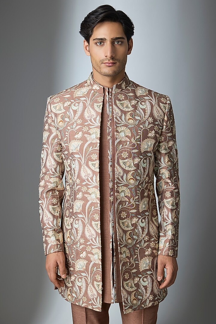 Pink Silk Handwork Open Jacket Set by Nero by Shaifali & Satya at Pernia's Pop Up Shop