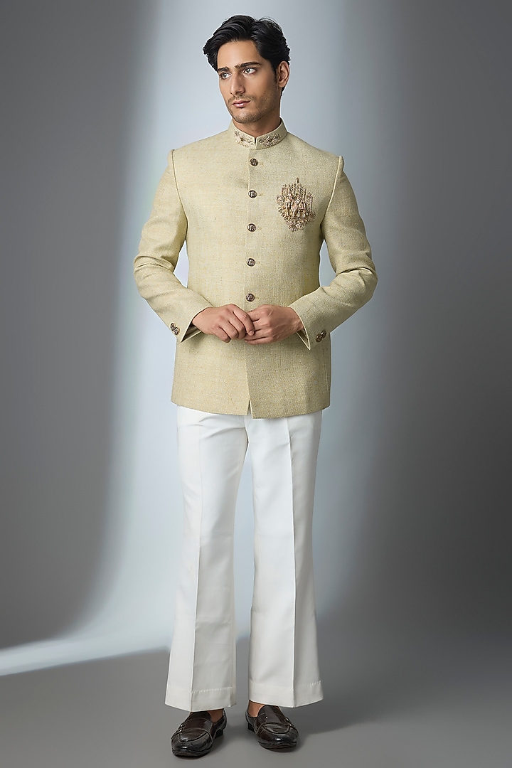 Green Matka Silk Hand Work Jodhpuri Set by Nero By Shaifali & Satya at Pernia's Pop Up Shop