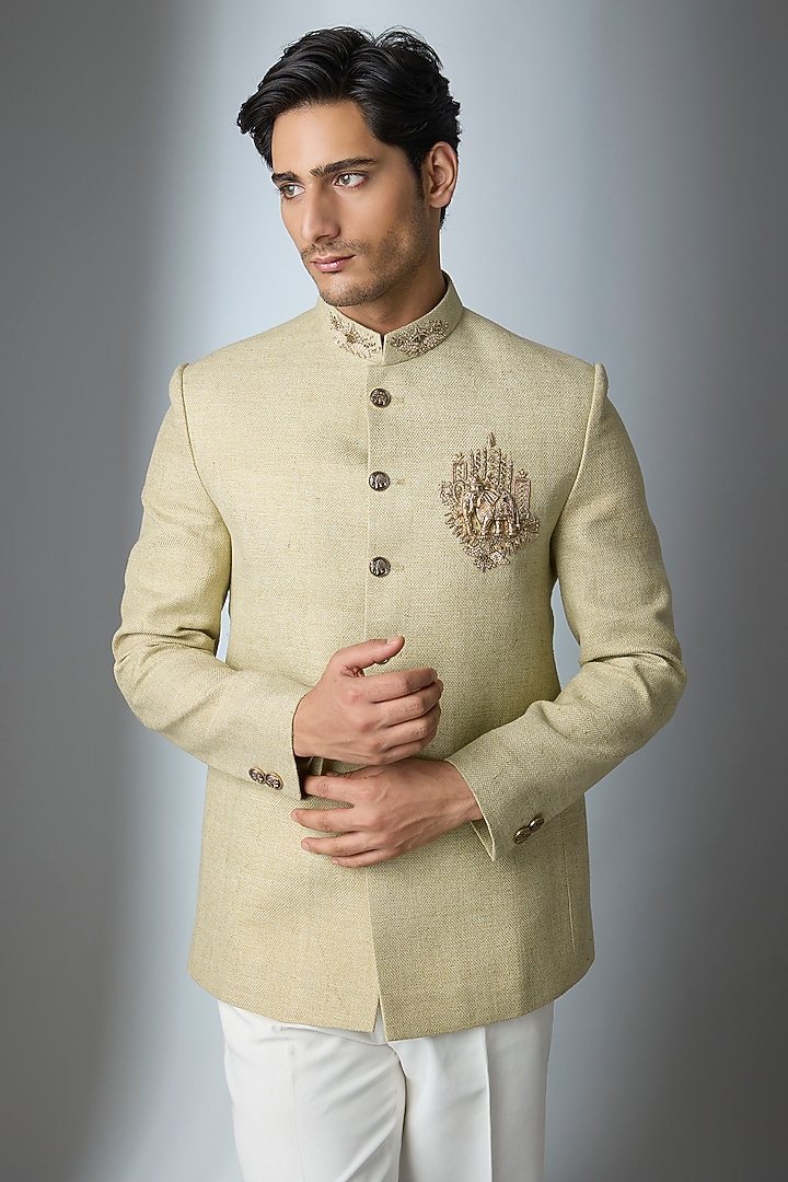 Green Matka Silk Hand Work Jodhpuri Set by Nero by Shaifali & Satya at Pernia's Pop Up Shop