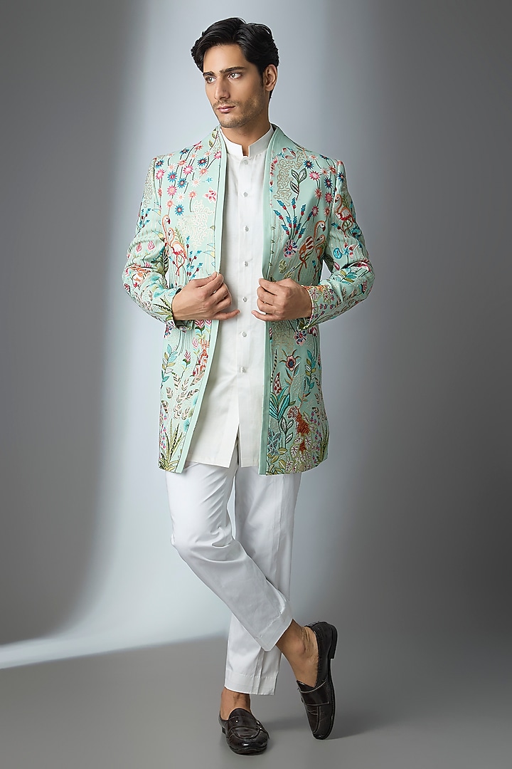 Multi-Colored Silk Threadwork Open Jacket Set by Nero by Shaifali & Satya at Pernia's Pop Up Shop