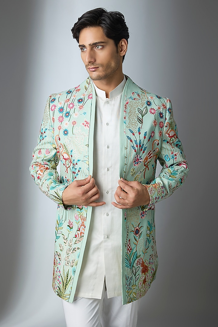 Multi-Colored Silk Threadwork Open Jacket Set by Nero by Shaifali & Satya at Pernia's Pop Up Shop