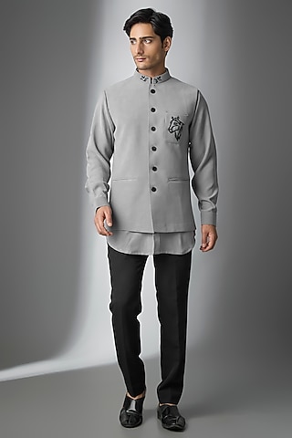 Grey Boomario Fabric Handwork Bundi Jacket Set by Nero by Shaifali & Satya