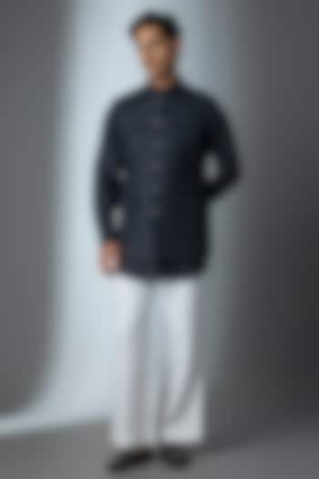 Blue Suiting Bundi Jacket Set by Nero By Shaifali & Satya at Pernia's Pop Up Shop