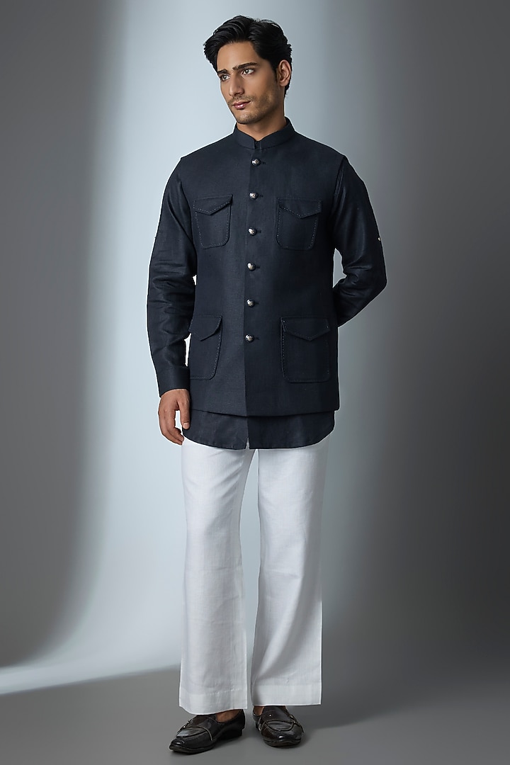 Blue Suiting Bundi Jacket Set by Nero By Shaifali & Satya at Pernia's Pop Up Shop