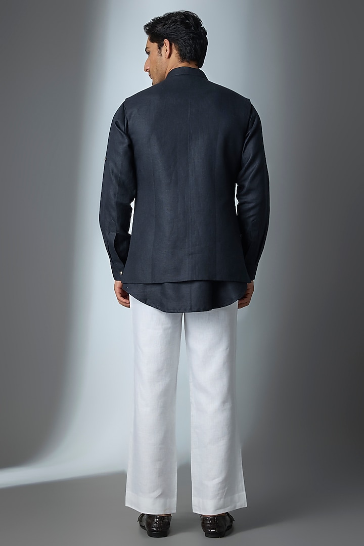Blue Suiting Bundi Jacket Set by Nero by Shaifali & Satya at Pernia's Pop Up Shop