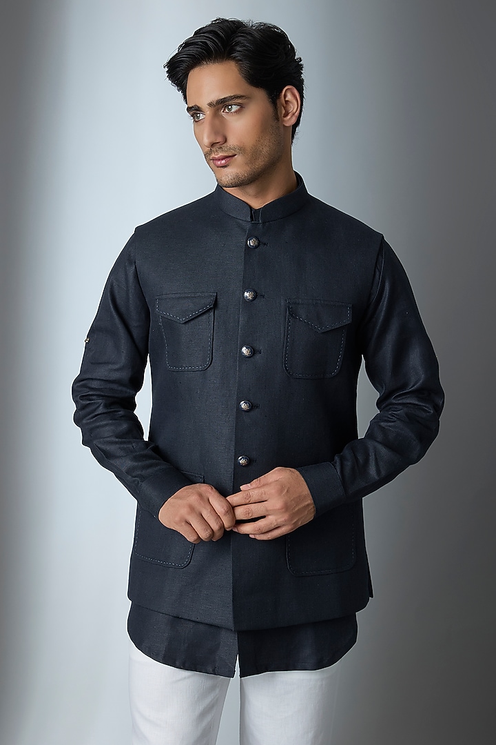 Blue Suiting Bundi Jacket Set by Nero by Shaifali & Satya at Pernia's Pop Up Shop