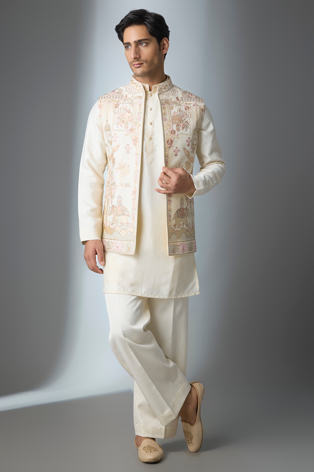 Nero by Shaifali & Satya Ivory Silk Thread Work Open Jacket Set