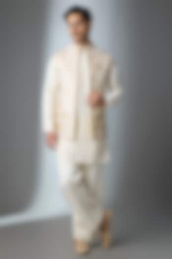 Ivory Silk Thread Work Open Jacket Set by Nero By Shaifali & Satya at Pernia's Pop Up Shop