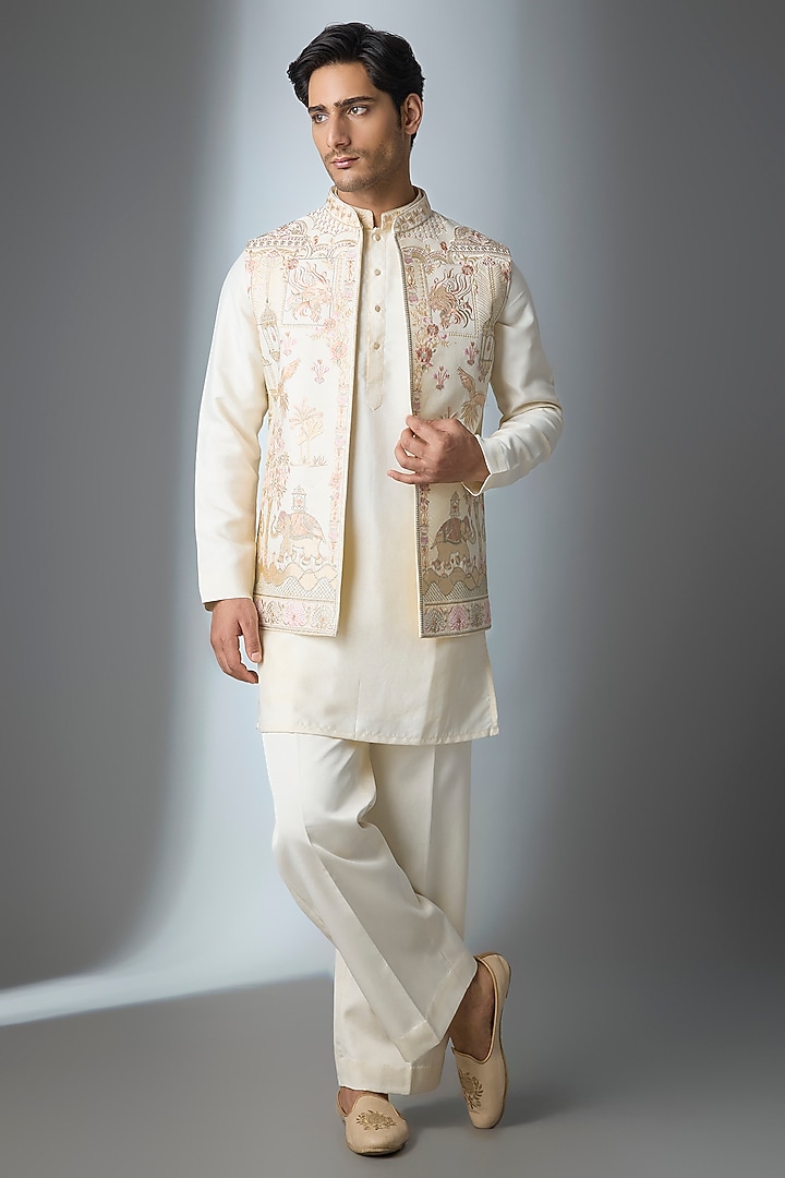 Ivory Silk Thread Work Open Jacket Set by Nero By Shaifali & Satya at Pernia's Pop Up Shop