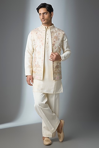 Ivory Silk Thread Work Open Jacket Set by Nero by Shaifali & Satya