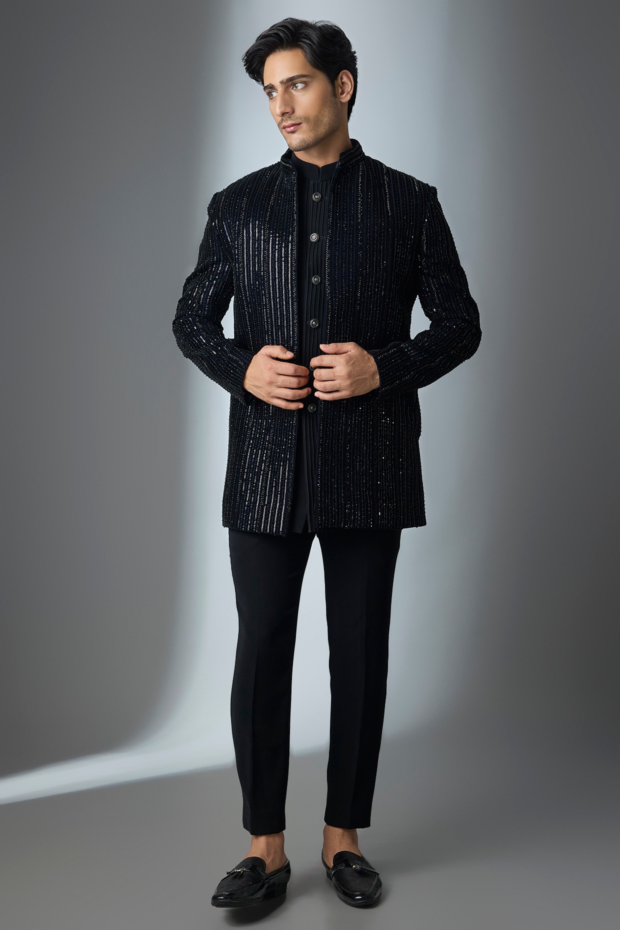 Nero by Shaifali & Satya Blue Velvet Handwork Open Jacket Set