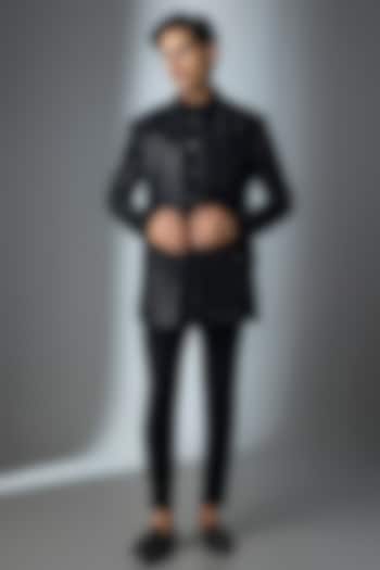 Blue Velvet Handwork Open Jacket Set by Nero By Shaifali & Satya at Pernia's Pop Up Shop