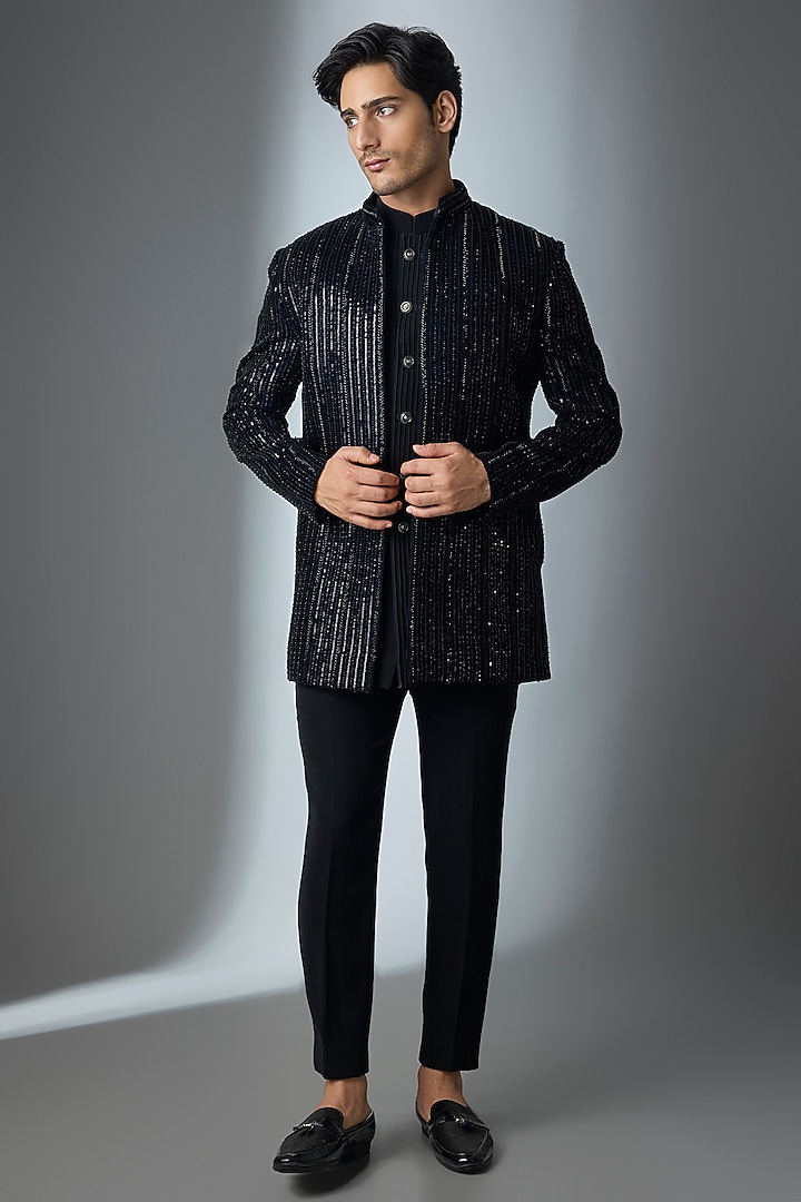 Blue Velvet Handwork Open Jacket Set by Nero By Shaifali & Satya at Pernia's Pop Up Shop