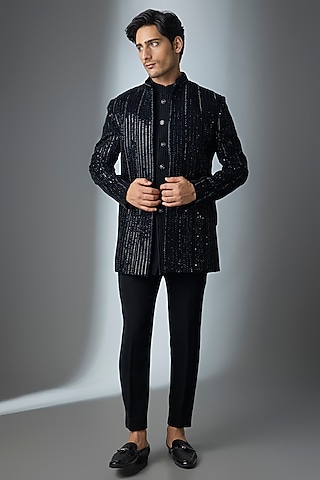 Blue Velvet Handwork Open Jacket Set by Nero by Shaifali & Satya