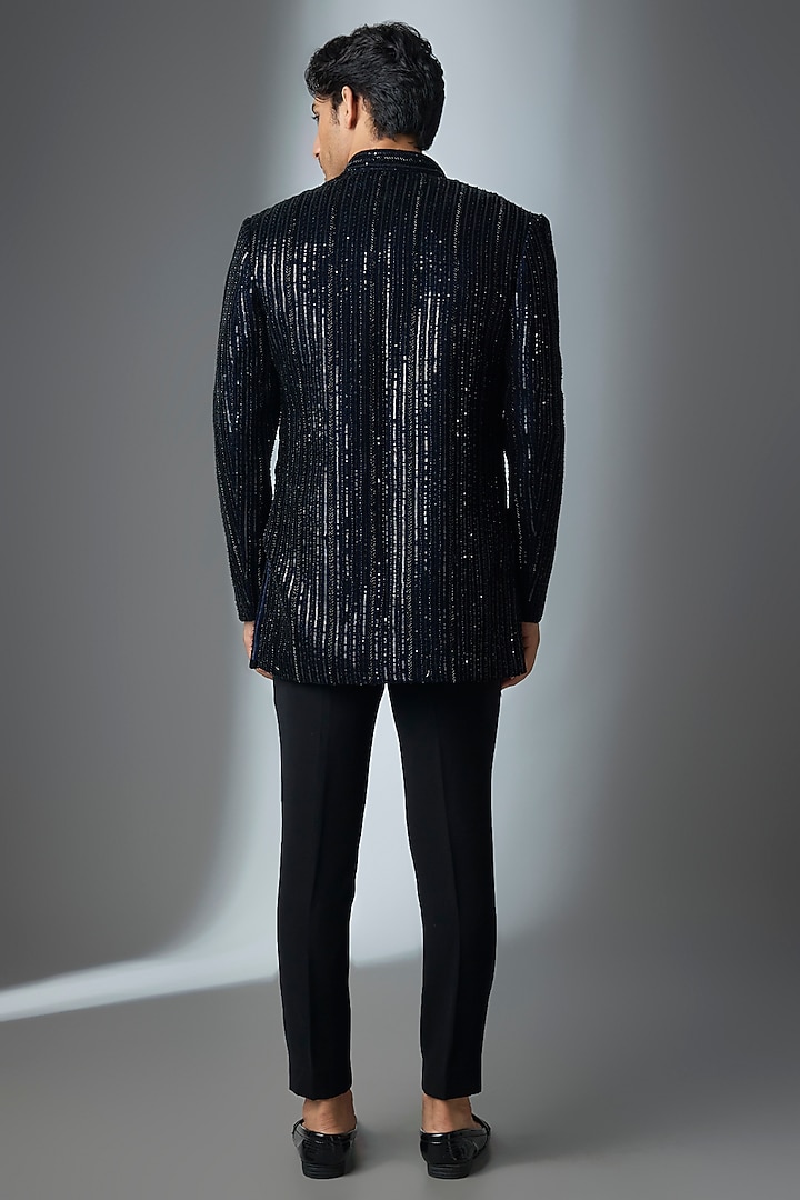Blue Velvet Handwork Open Jacket Set by Nero by Shaifali & Satya at Pernia's Pop Up Shop