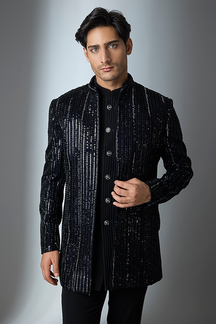 Blue Velvet Handwork Open Jacket Set by Nero by Shaifali & Satya at Pernia's Pop Up Shop