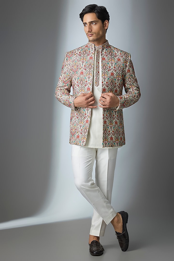 Multi-Colored Silk Threadwork Open Jacket Set by Nero By Shaifali & Satya at Pernia's Pop Up Shop