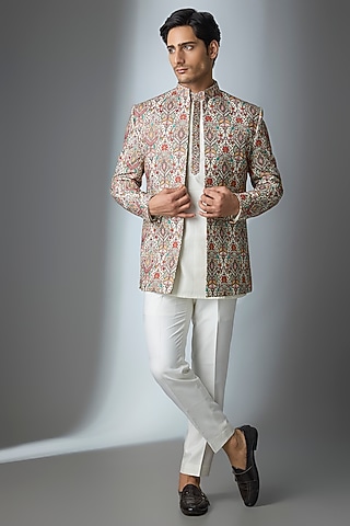 Multi-Colored Silk Threadwork Open Jacket Set by Nero by Shaifali & Satya