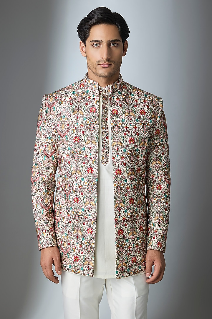 Multi-Colored Silk Threadwork Open Jacket Set by Nero by Shaifali & Satya at Pernia's Pop Up Shop
