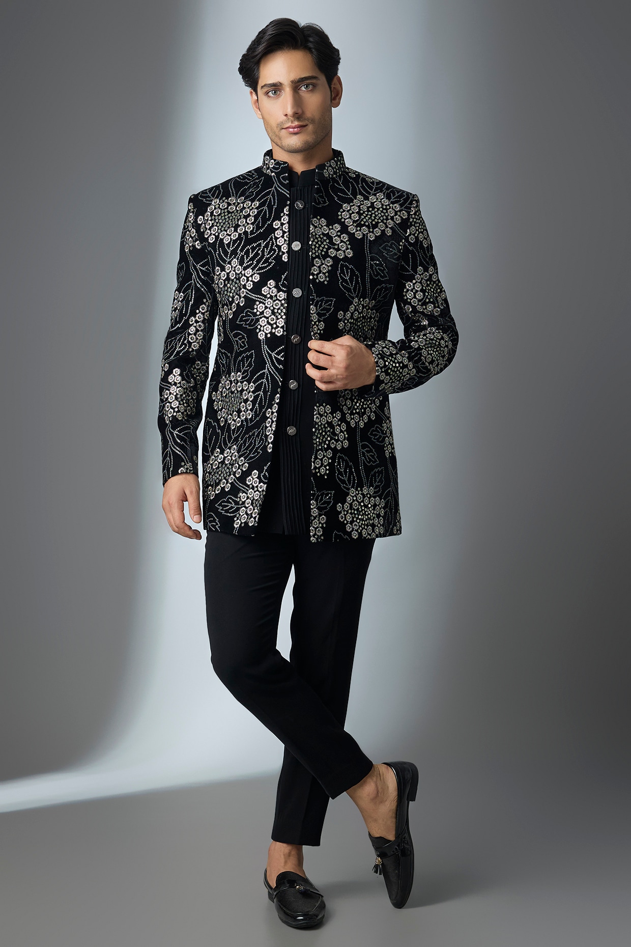 Nero by Shaifali & Satya Black Velvet Thread Zari Work Open Jacket Set