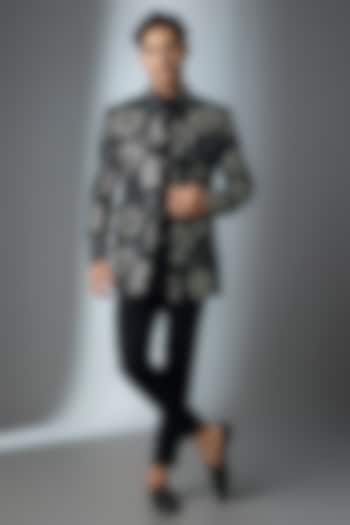 Black Velvet Thread Zari Work Open Jacket Set by Nero By Shaifali & Satya at Pernia's Pop Up Shop