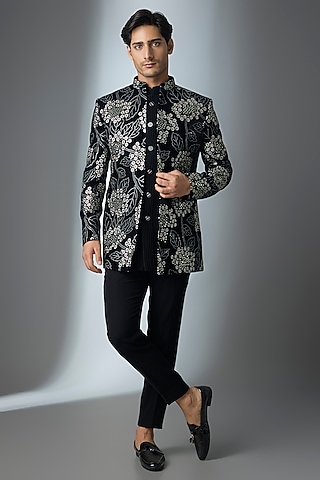 Black Velvet Thread Zari Work Open Jacket Set by Nero by Shaifali & Satya
