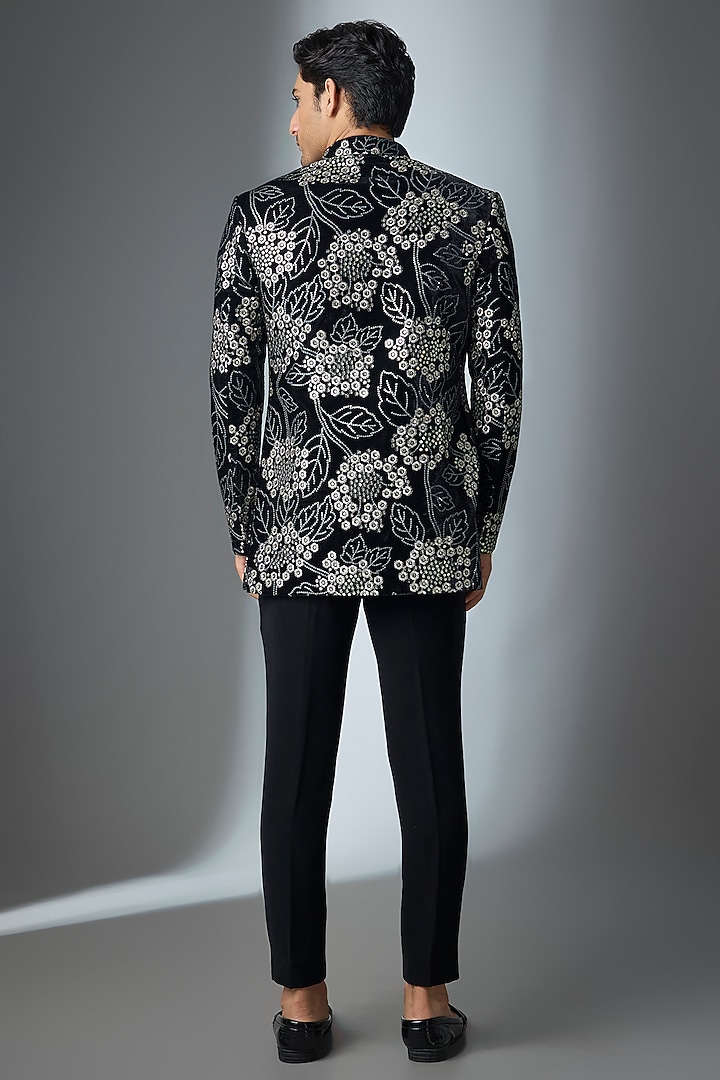 Black Velvet Thread Zari Work Open Jacket Set by Nero by Shaifali & Satya at Pernia's Pop Up Shop