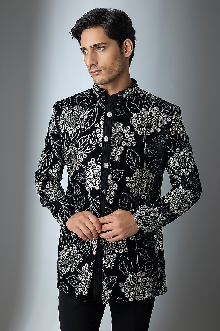 Black Velvet Thread Zari Work Open Jacket Set by Nero by Shaifali & Satya at Pernia's Pop Up Shop