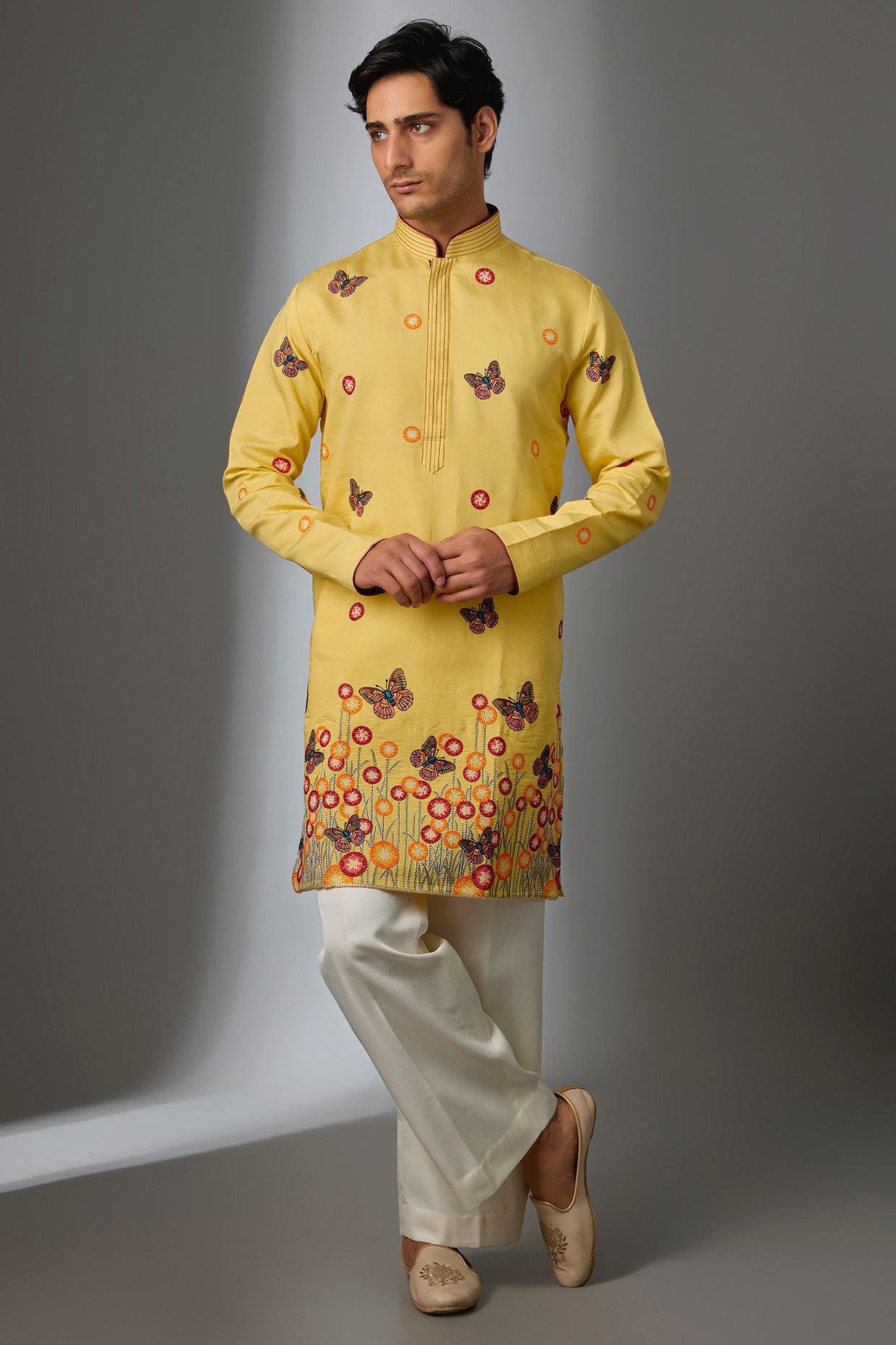 Nero by Shaifali & Satya Yellow Silk Machine Embroidered Kurta Set
