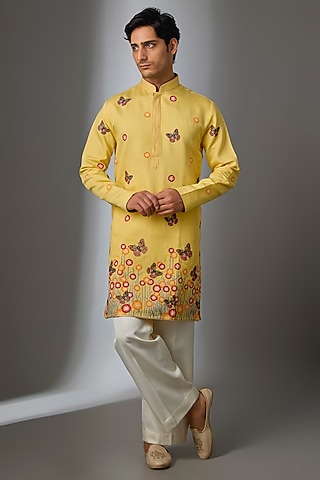 Yellow Silk Machine Embroidered Kurta Set by Nero by Shaifali & Satya