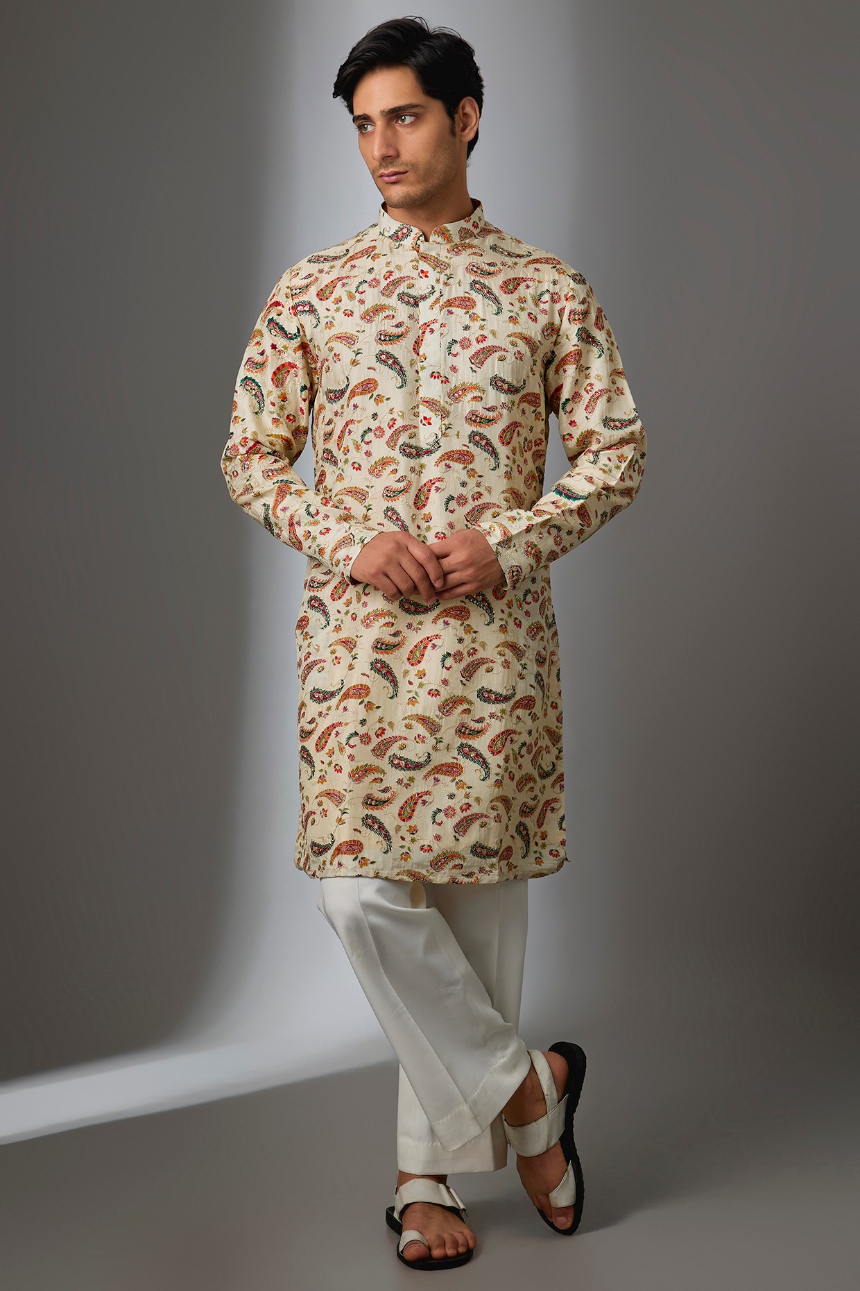 Nero by Shaifali & Satya Ivory Silk Paisley Printed Kurta Set