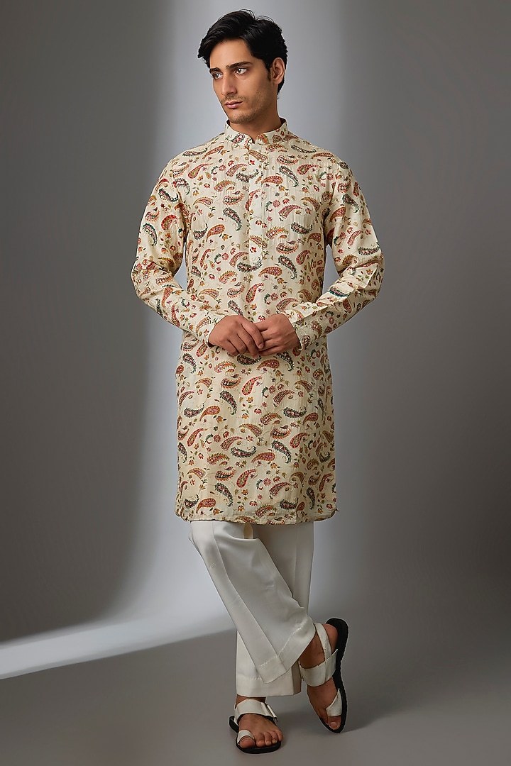 Ivory Silk Paisley Printed Kurta Set by Nero by Shaifali & Satya at Pernia's Pop Up Shop