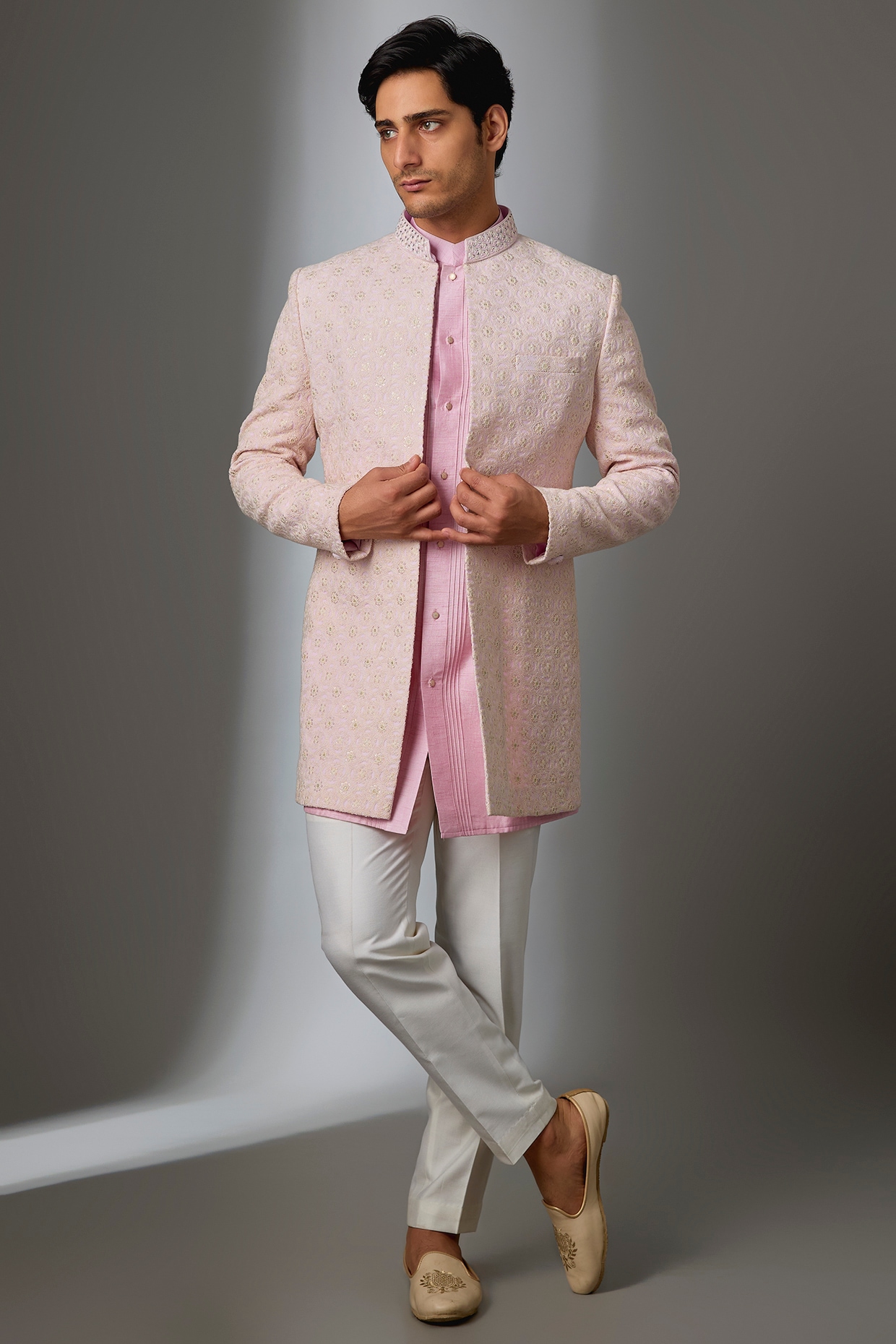 Nero by Shaifali & Satya Pink Lucknowi Chikankari Embroidered Open Jacket Set