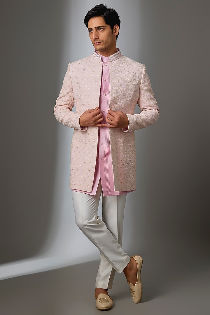 Pink Lucknowi Chikankari Embroidered Open Jacket Set by Nero by Shaifali & Satya at Pernia's Pop Up Shop