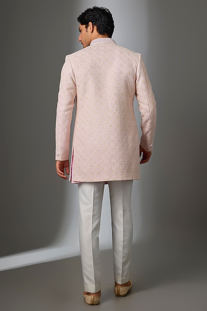 Pink Lucknowi Chikankari Embroidered Open Jacket Set by Nero by Shaifali & Satya at Pernia's Pop Up Shop