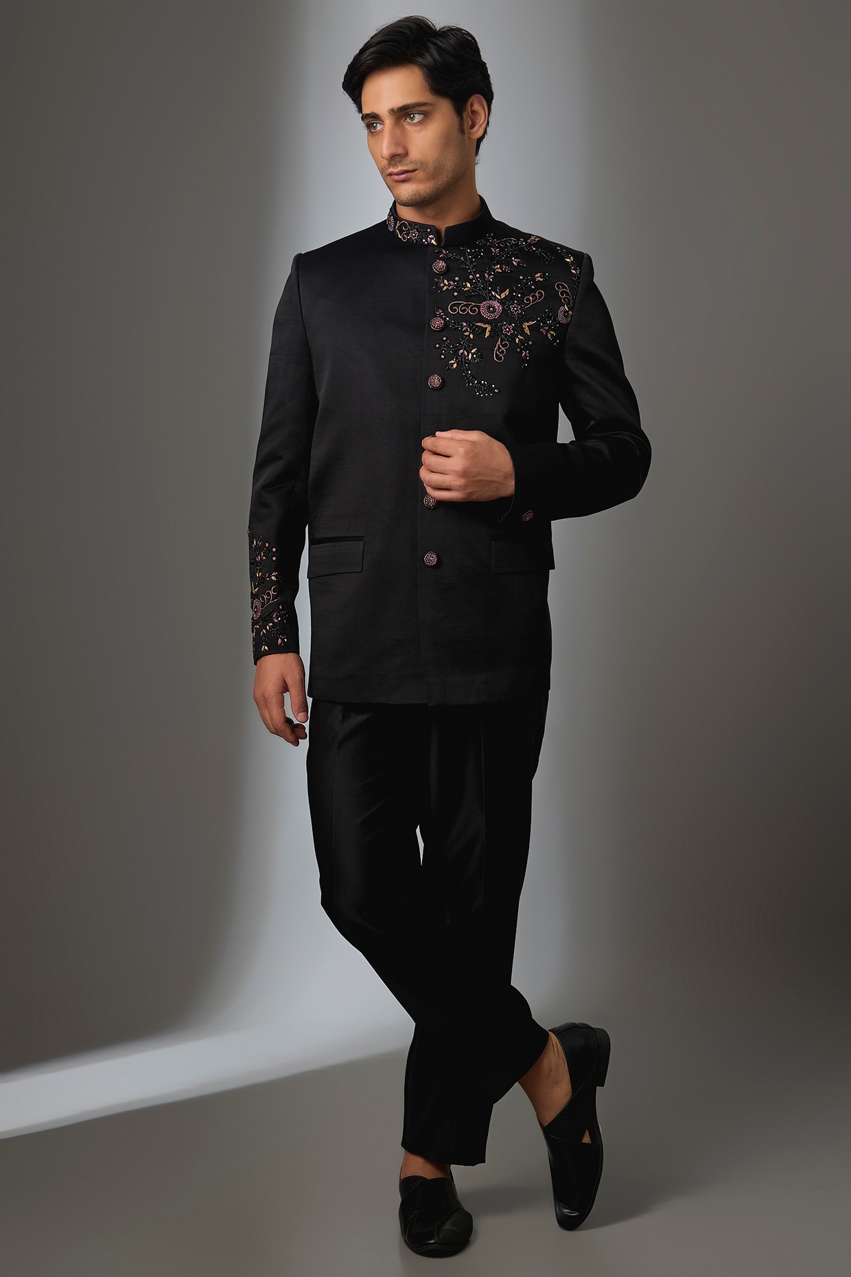 Nero by Shaifali & Satya Black Silk Handwork Jodhpuri Set