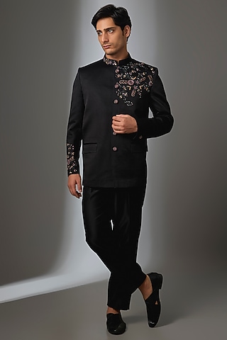 Black Silk Handwork Jodhpuri Set by Nero by Shaifali & Satya