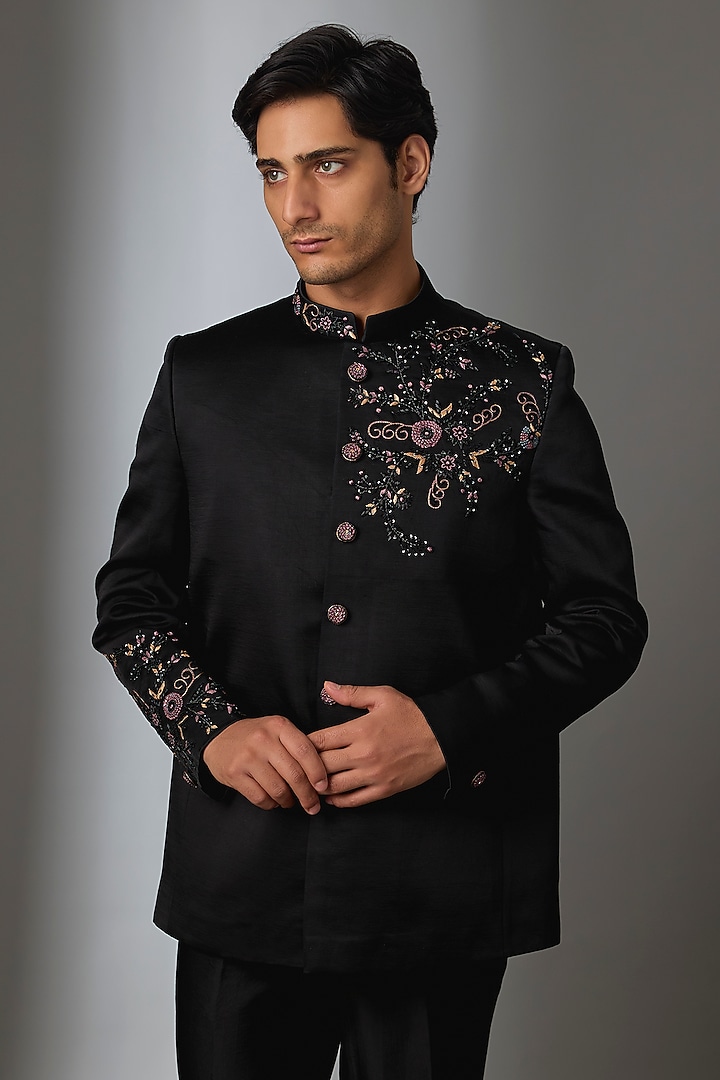 Black Silk Handwork Jodhpuri Set by Nero by Shaifali & Satya at Pernia's Pop Up Shop