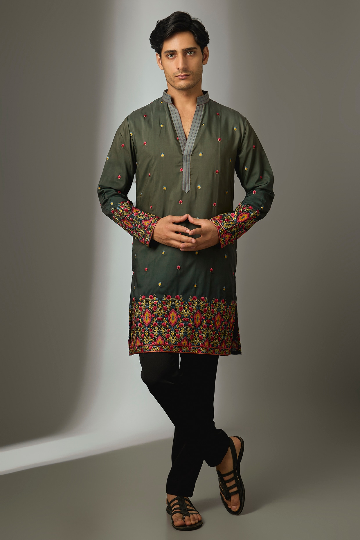 Nero by Shaifali & Satya Green Silk Threadwork Kurta Set