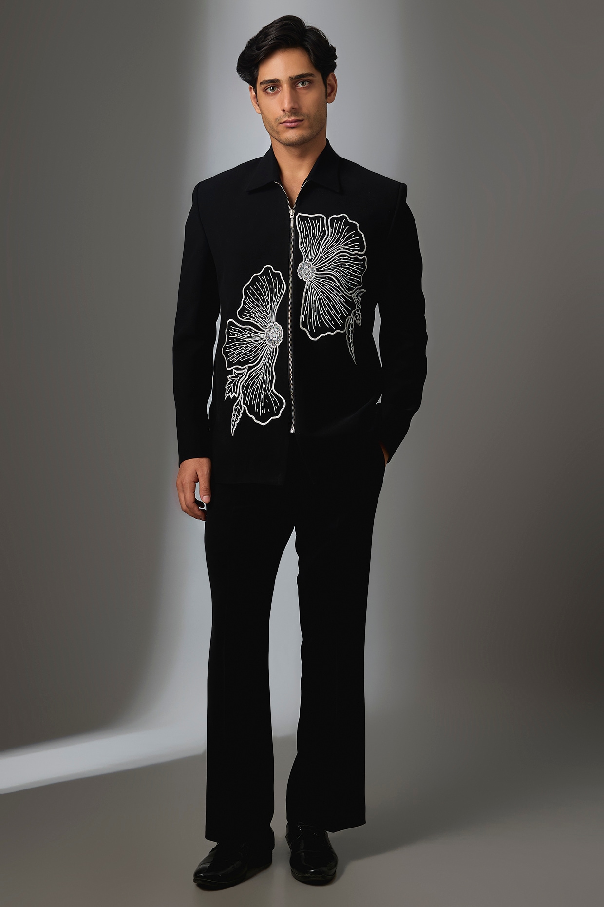 Nero by Shaifali & Satya Black Boomario Threadwork Jacket Set