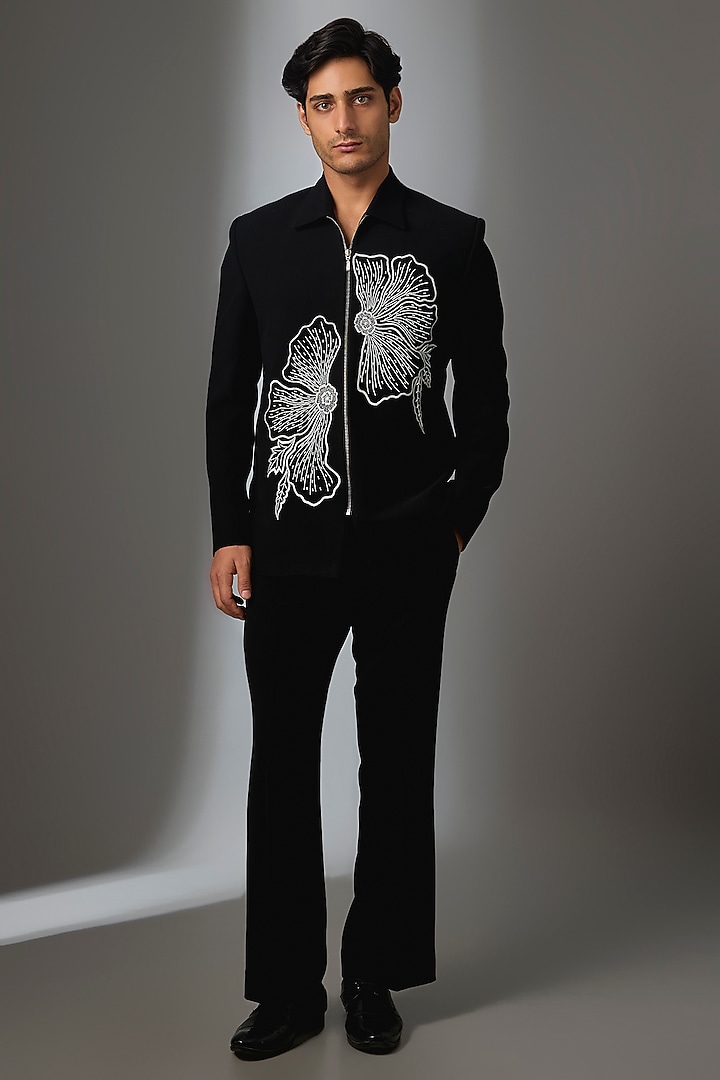 Black Boomario Threadwork Jacket Set by Nero by Shaifali & Satya at Pernia's Pop Up Shop