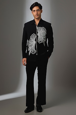 Black Boomario Threadwork Jacket Set by Nero by Shaifali & Satya