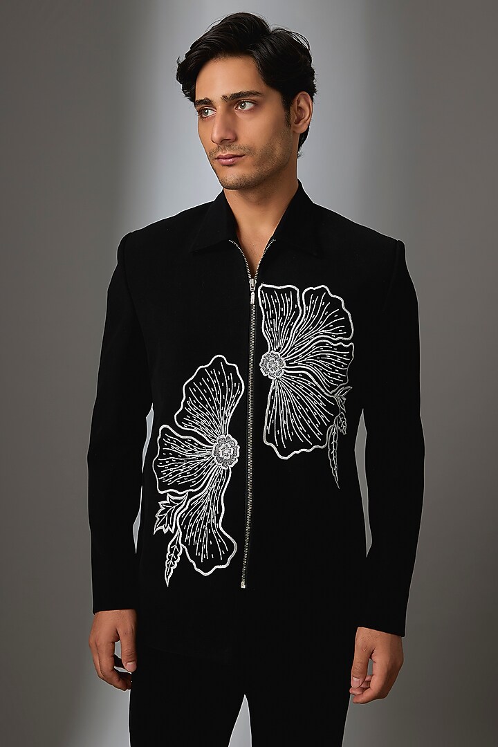 Black Boomario Threadwork Jacket Set by Nero by Shaifali & Satya at Pernia's Pop Up Shop