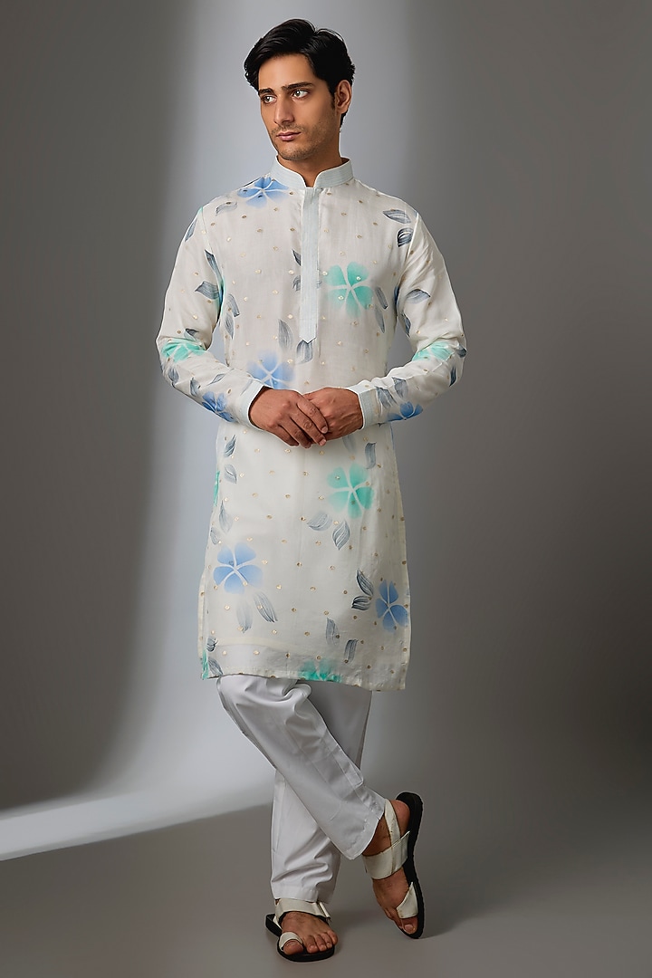White Silk Handpainted Kurta Set by Nero by Shaifali & Satya at Pernia's Pop Up Shop