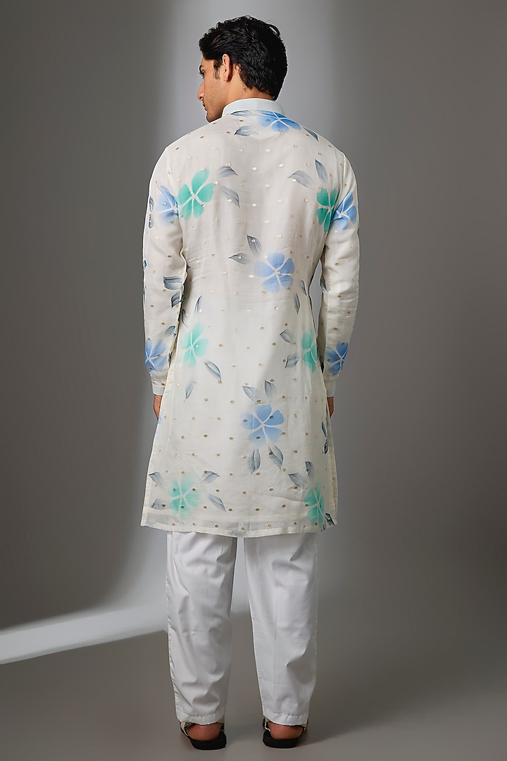 White Silk Handpainted Kurta Set by Nero by Shaifali & Satya at Pernia's Pop Up Shop