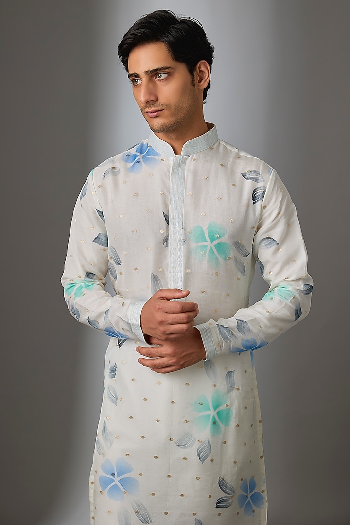White Silk Handpainted Kurta Set by Nero by Shaifali & Satya at Pernia's Pop Up Shop