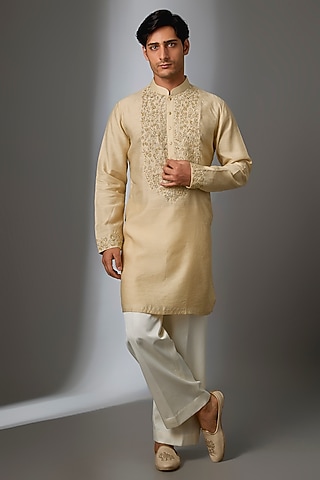 Beige Silk Zardosi Embroidered Kurta Set by Nero by Shaifali & Satya