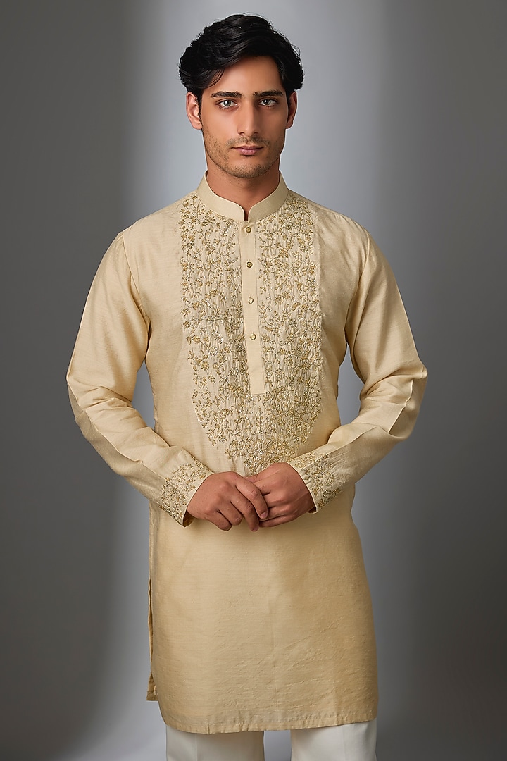 Beige Silk Zardosi Embroidered Kurta Set by Nero by Shaifali & Satya at Pernia's Pop Up Shop