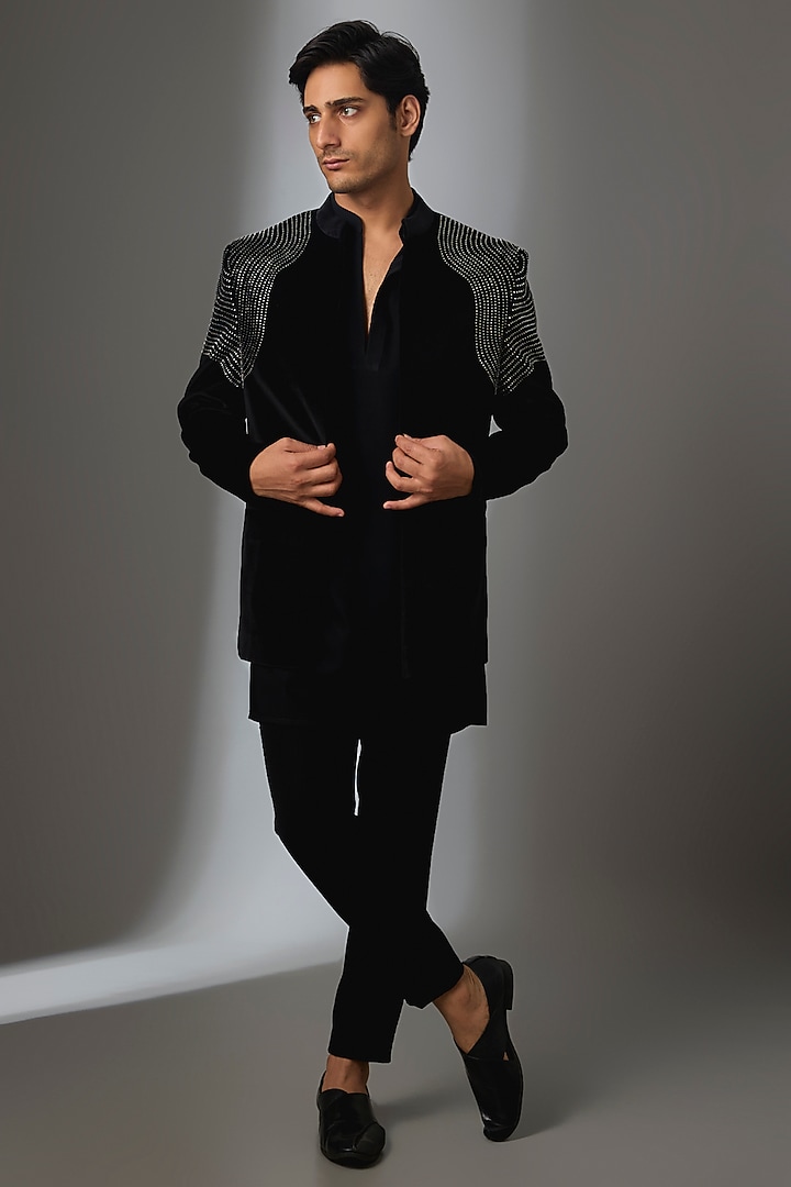 Black Cotton Velvet Handwork Open Jacket Set by Nero by Shaifali & Satya at Pernia's Pop Up Shop