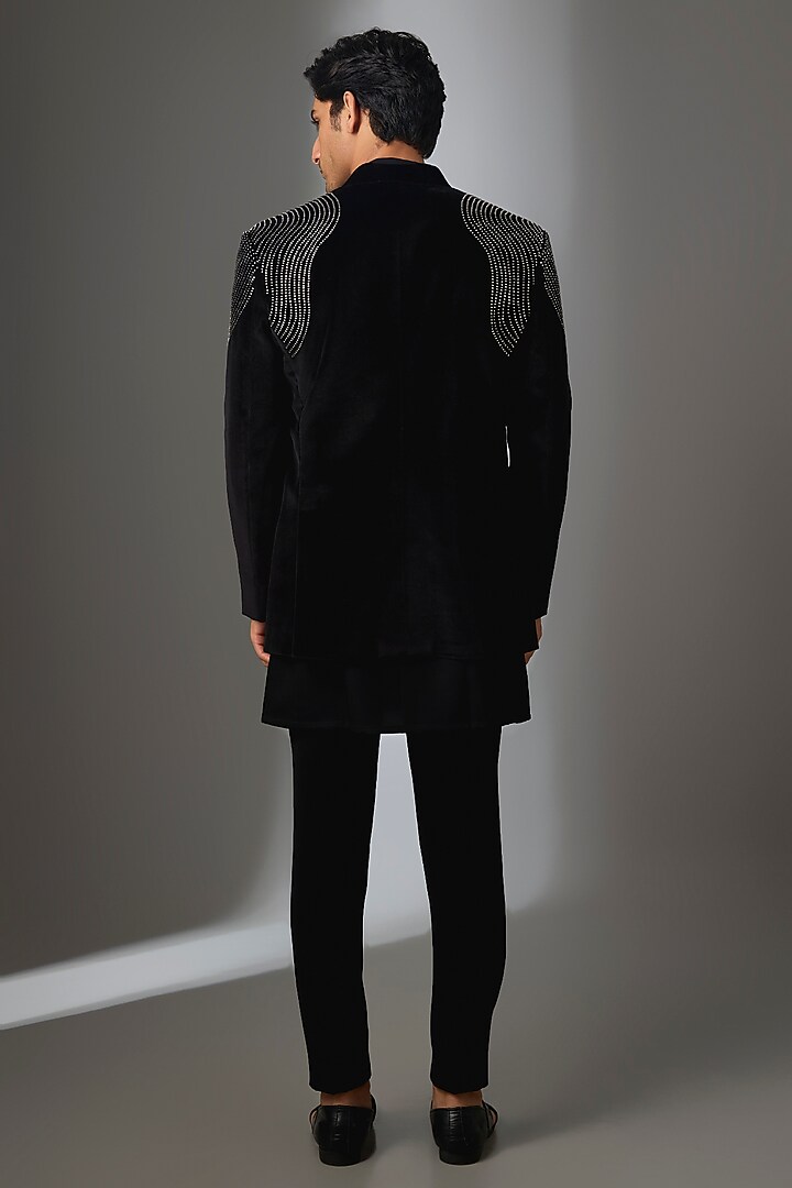 Black Cotton Velvet Handwork Open Jacket Set by Nero by Shaifali & Satya at Pernia's Pop Up Shop